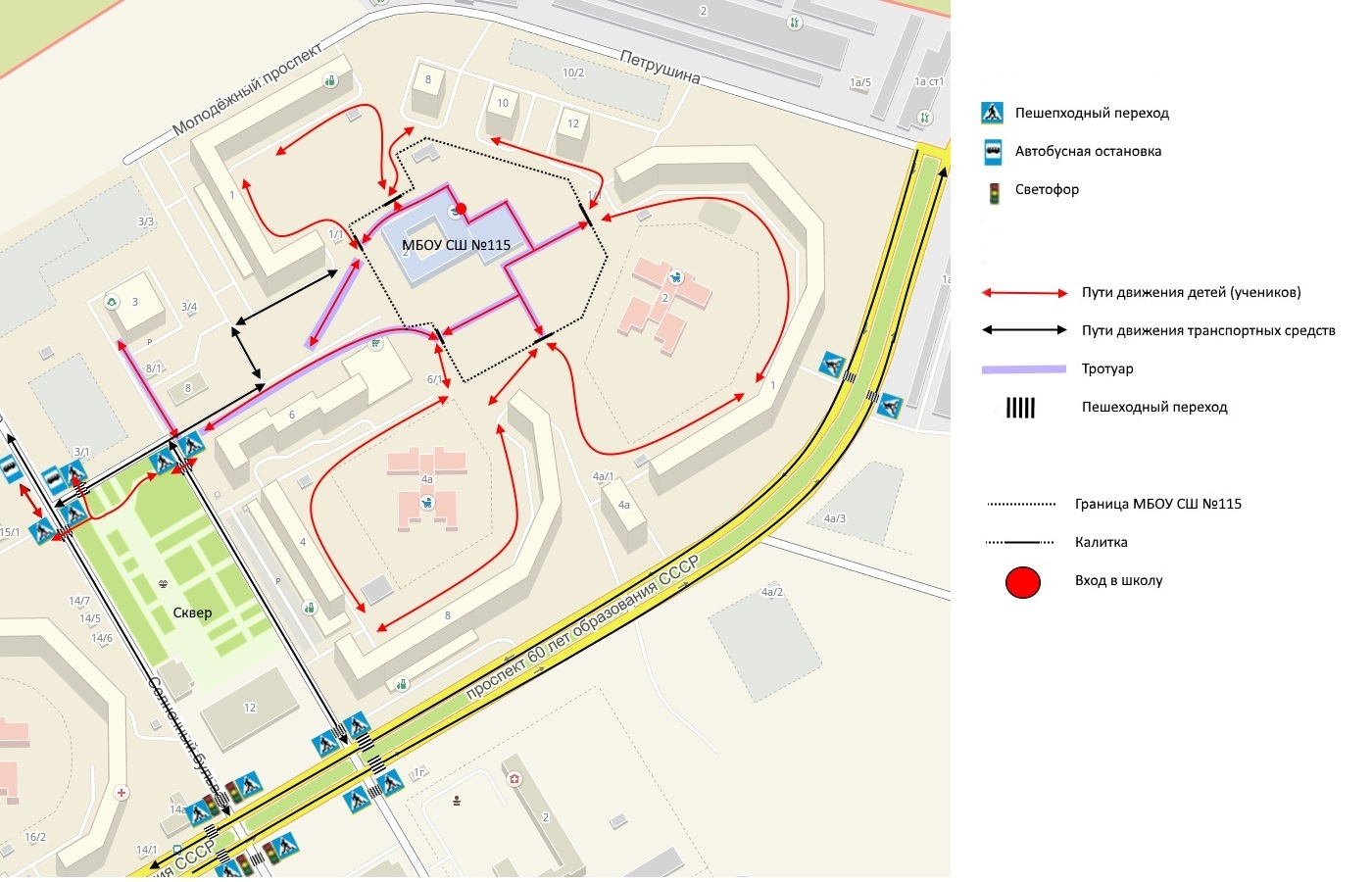 План-схема района расположения МБОУ СШ №115, пути движения транспортных средств и детей (учеников)